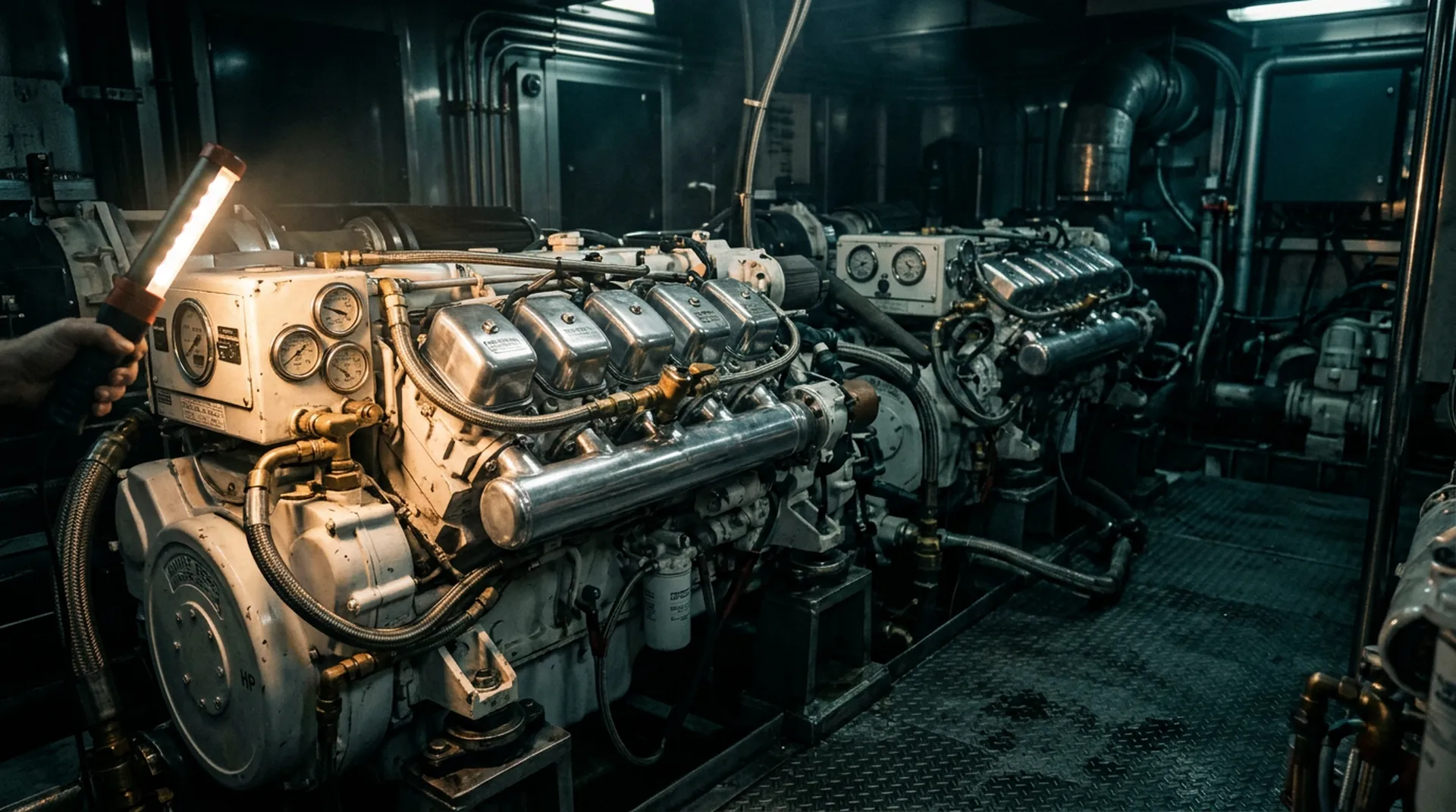 Twin marine diesel engines in a yacht engine room lit by a handheld inspection light